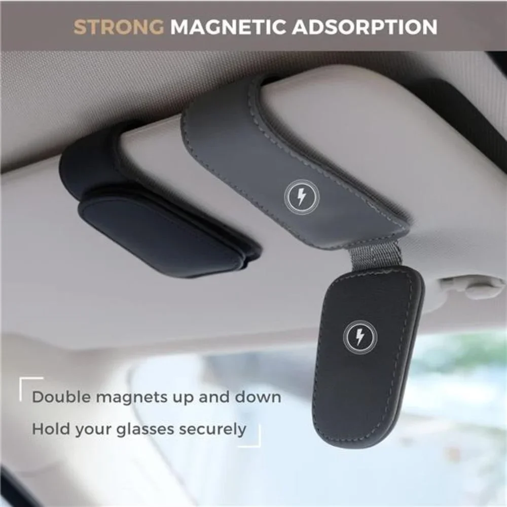 Magnetic Leather Sunglass Holder Eyeglass Hanger Clip for Car Sun Visor Gray